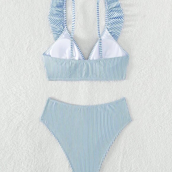 Blue and White Boho Womens Swim Summer Beach Striped Ruffle Trim Bikini Swimsuit - Picture 4 of 6